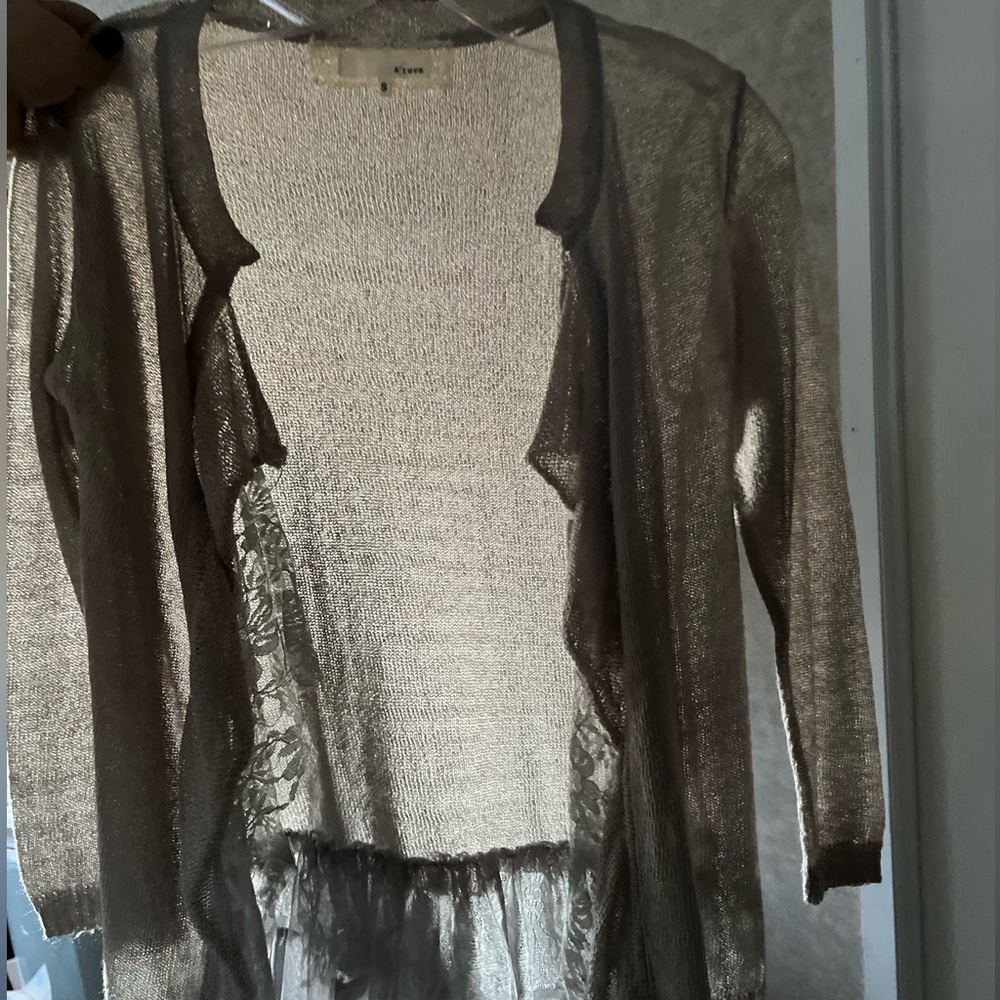 A'Reve Light Gray Ruffle and Lace Cardigan - Picture 6 of 9